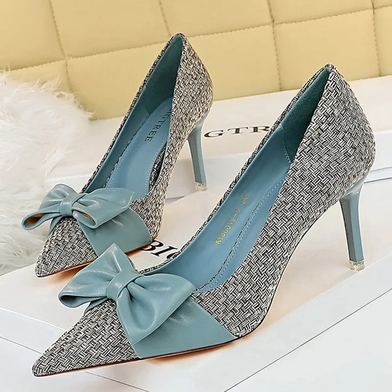 Amozae-2024 Luxury Women Weave 7.5cm Thin High Heels Pumps Butterfly Knot Low Kitten Heels Valentine Cute Blue Wedding Red Bride Shoes