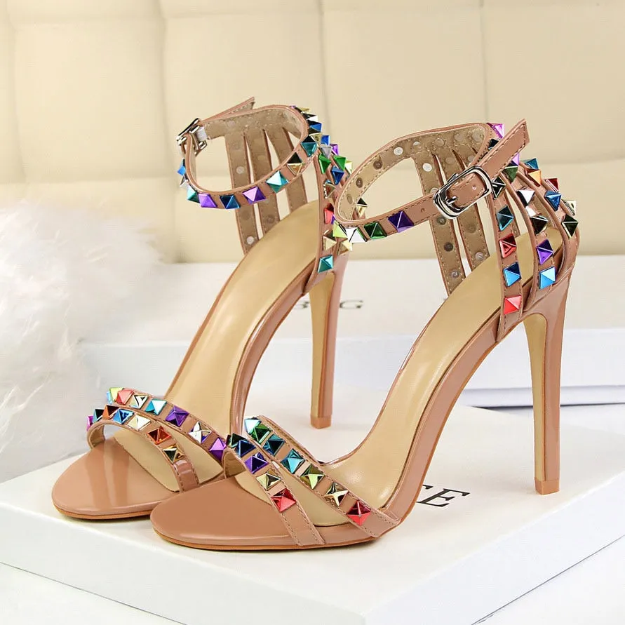 Amozae- 2024 Women 11cm High Heels Rivets Studded Sandals Lady Sandles Stiletto Gladiator Pumps Stripper Summer Fetish Platform Shoes