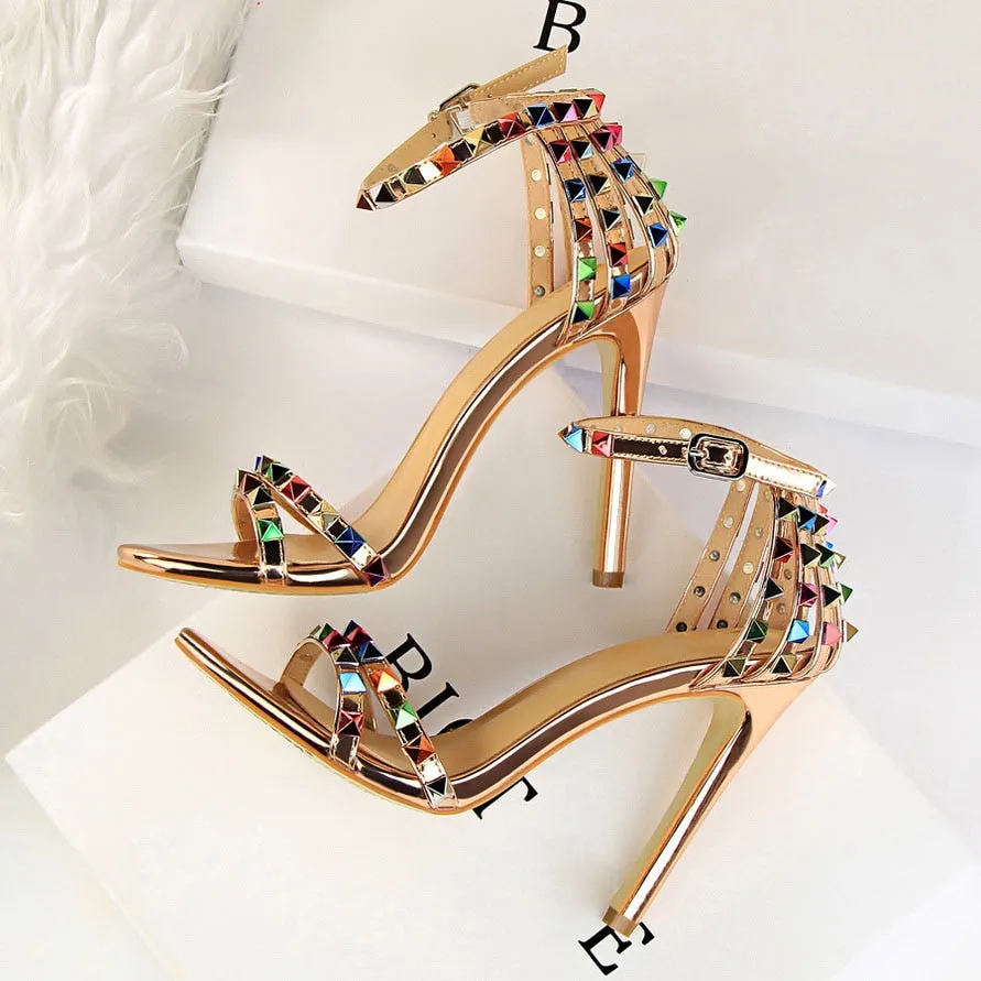 Amozae- 2024 Women 11cm High Heels Rivets Studded Sandals Lady Sandles Stiletto Gladiator Pumps Stripper Summer Fetish Platform Shoes