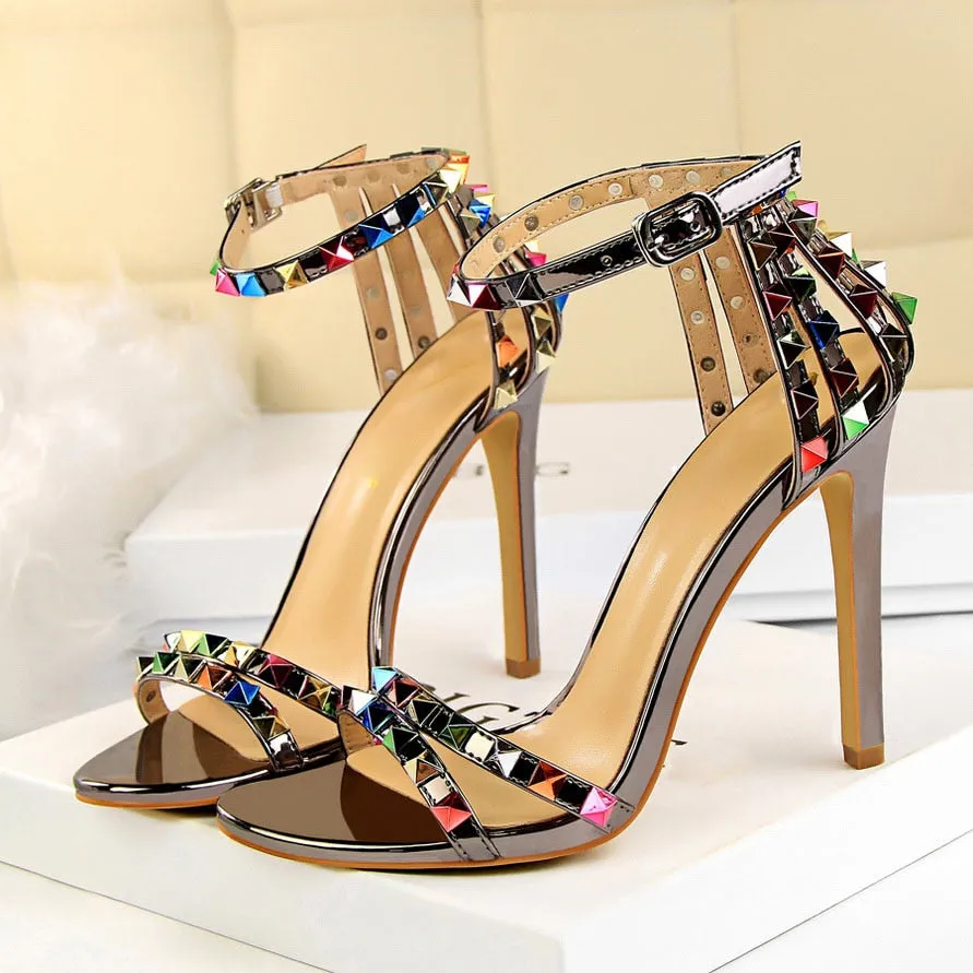 Amozae- 2024 Women 11cm High Heels Rivets Studded Sandals Lady Sandles Stiletto Gladiator Pumps Stripper Summer Fetish Platform Shoes