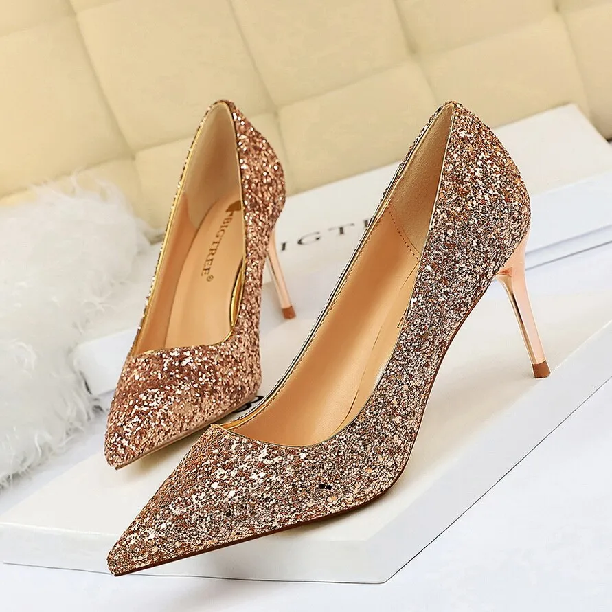 Amozae-2024 Women 7cm 9.5cm High Heels Sequins Glitter Luxury Designer Pumps Plus Size 43 Wedding Bridal Gold Valentine Scarpins Shoes