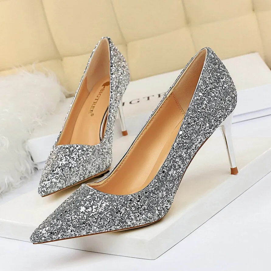 Amozae-2024 Women 7cm 9.5cm High Heels Sequins Glitter Luxury Designer Pumps Plus Size 43 Wedding Bridal Gold Valentine Scarpins Shoes