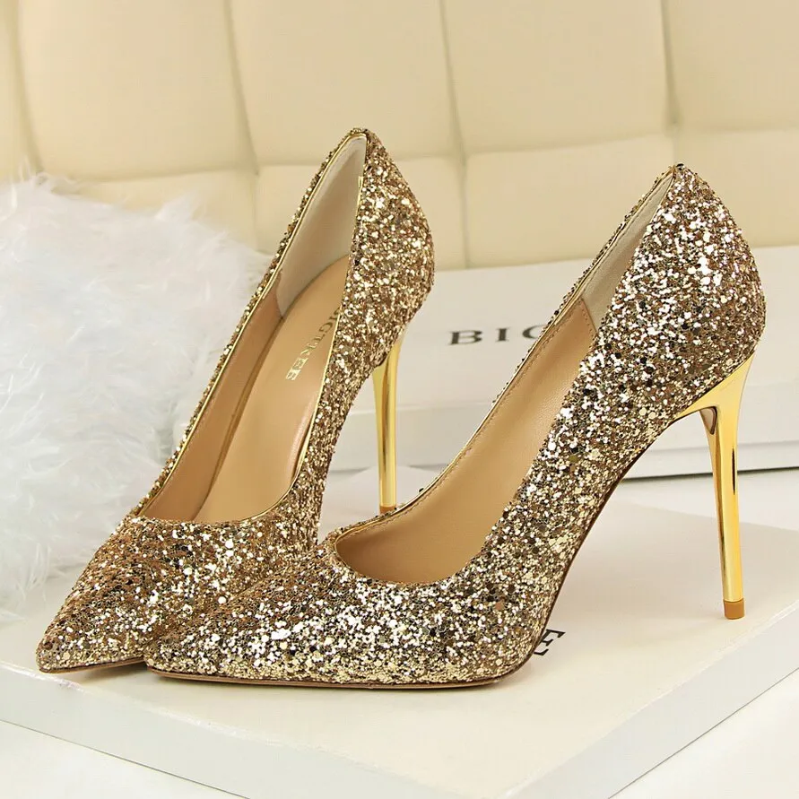 Amozae-2024 Women 7cm 9.5cm High Heels Sequins Glitter Luxury Designer Pumps Plus Size 43 Wedding Bridal Gold Valentine Scarpins Shoes