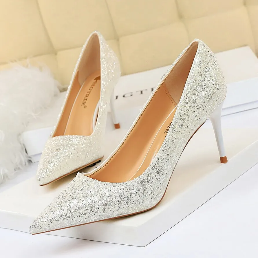 Amozae-2024 Women 7cm 9.5cm High Heels Sequins Glitter Luxury Designer Pumps Plus Size 43 Wedding Bridal Gold Valentine Scarpins Shoes