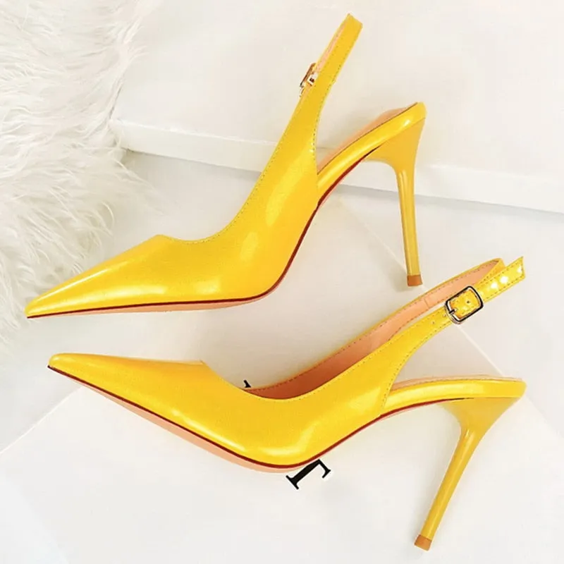 Amozae-2024 Women 7cm 9.5cm High Heels Yellow Sandals Lady Leather Stripper Slingback Sandles Wedding Bridal Party Shoes Large Size 43