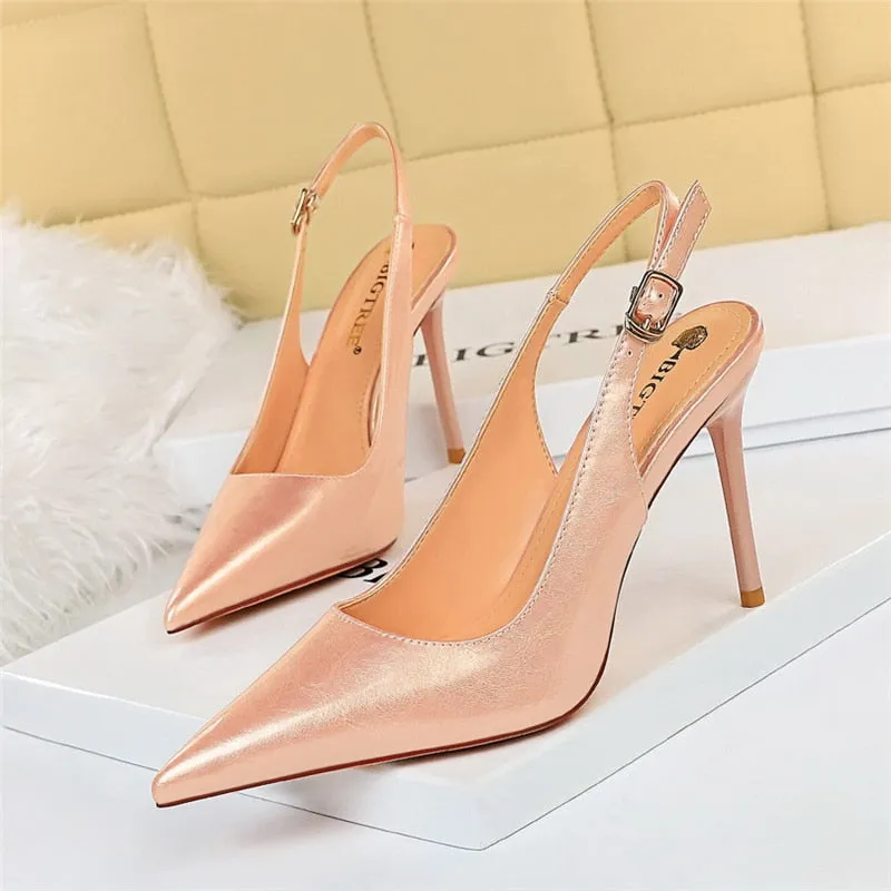 Amozae-2024 Women 7cm 9.5cm High Heels Yellow Sandals Lady Leather Stripper Slingback Sandles Wedding Bridal Party Shoes Large Size 43