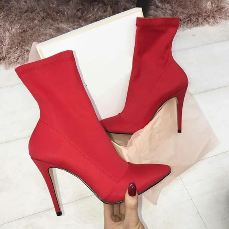 Amozae-Women Fetish Silk Sock Boots 11.5cm High Heels Stretch Fashion Heels Peach Ankle Boots Peach Rose Red Plus Size 43 Shoes