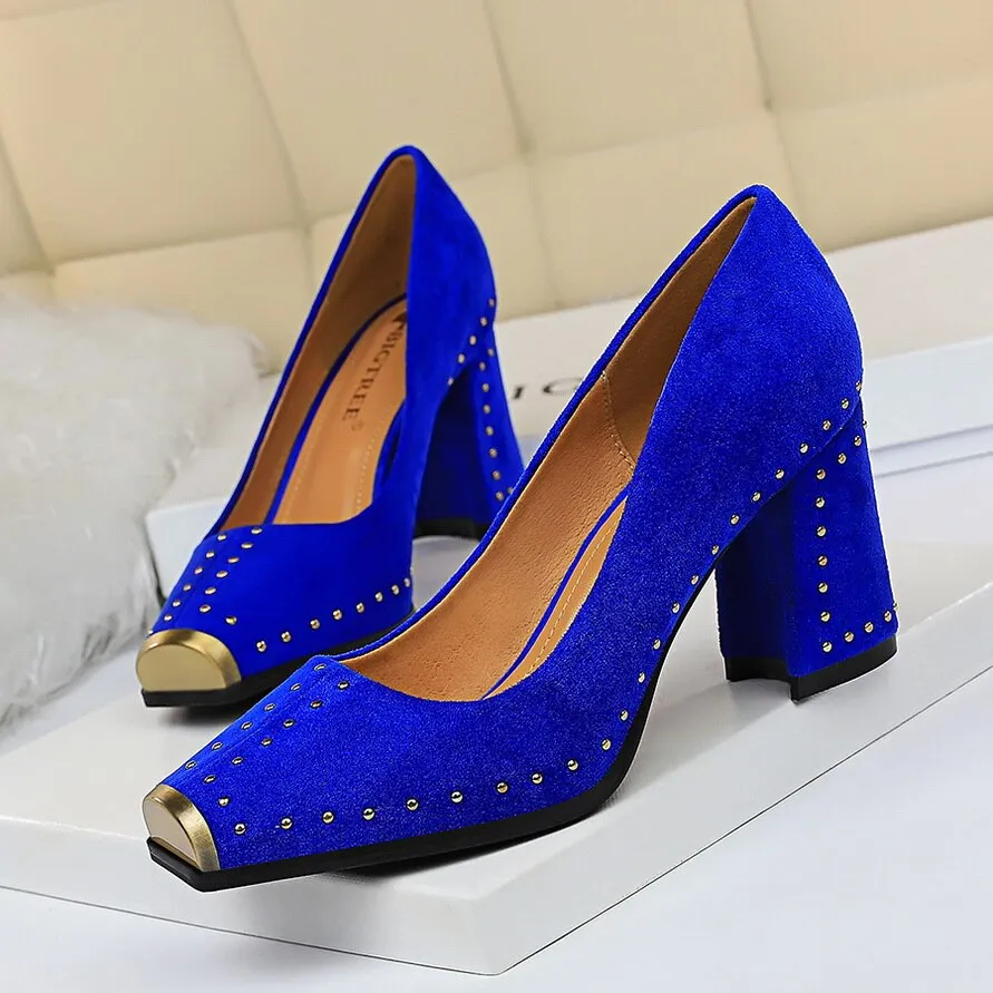 Amozae-Women Studded 7.5cm High Heels Lady Scarpins Flock Chunky Rivets Block Low Heels   Square Toe Office Blue Yellow Shoes