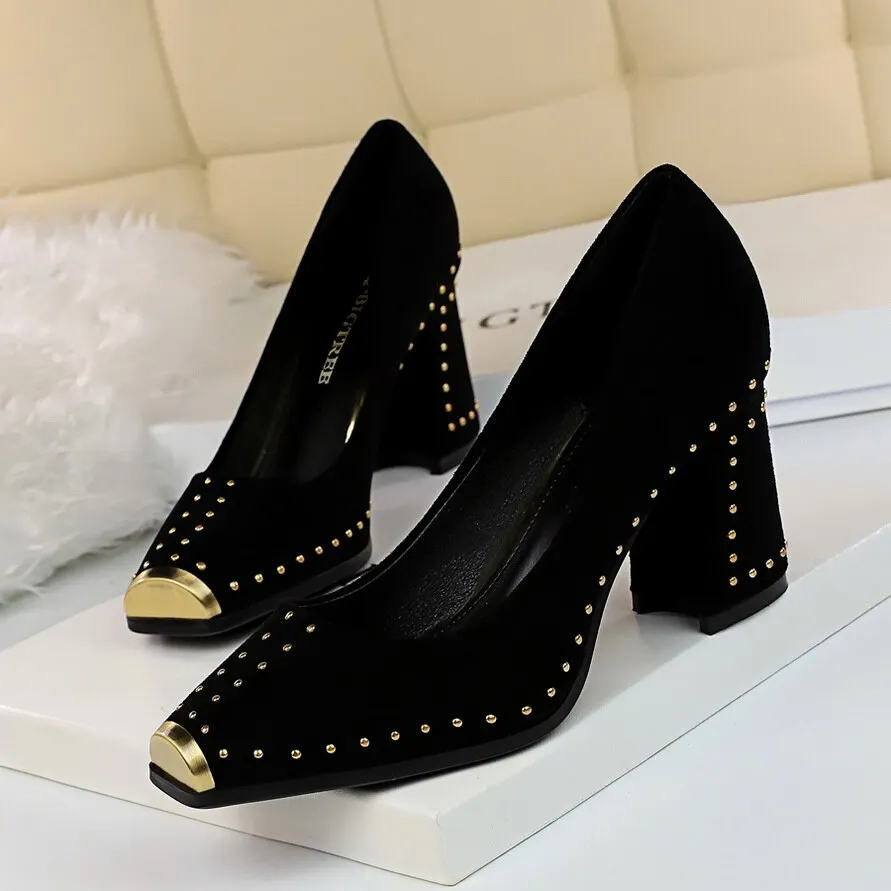 Amozae-Women Studded 7.5cm High Heels Lady Scarpins Flock Chunky Rivets Block Low Heels   Square Toe Office Blue Yellow Shoes