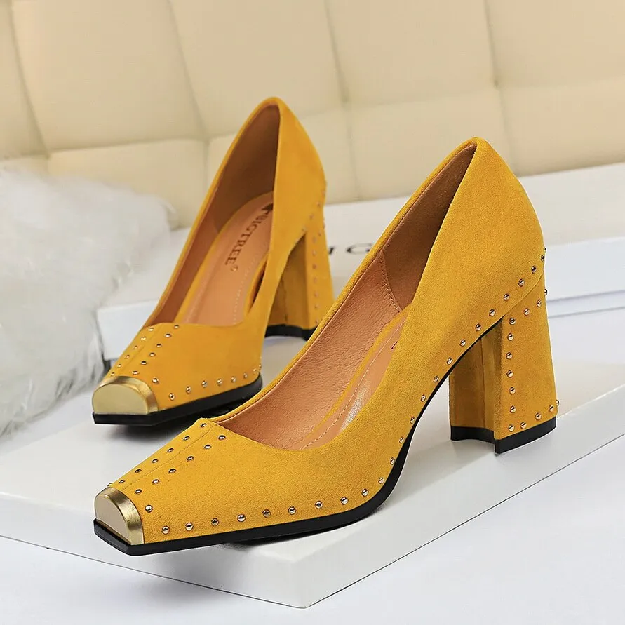 Amozae-Women Studded 7.5cm High Heels Lady Scarpins Flock Chunky Rivets Block Low Heels   Square Toe Office Blue Yellow Shoes