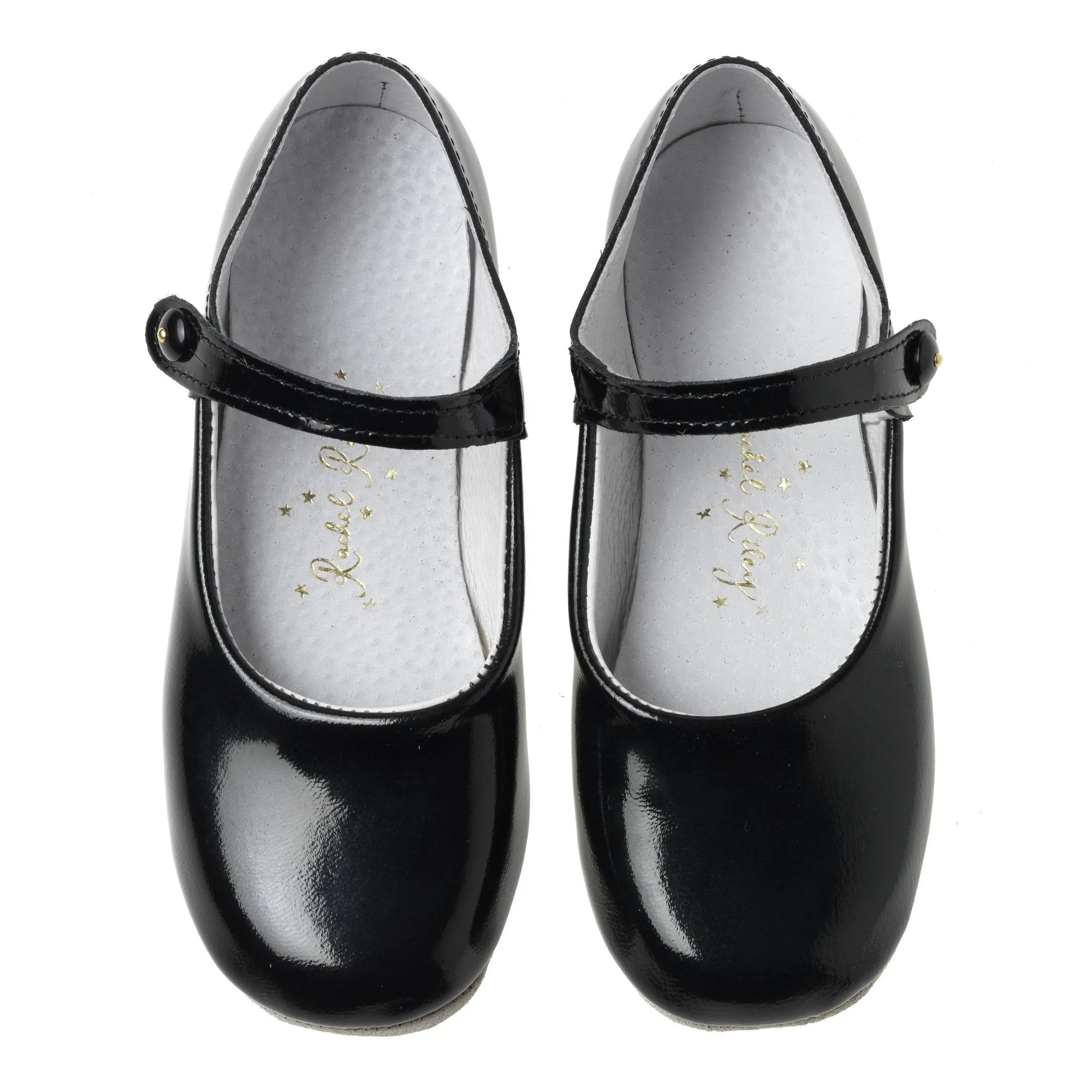 Button Strap Slippers, Black Patent