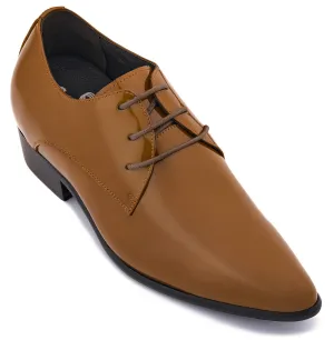 CALTO - K2728 - 2.8 Inches Taller (Light Brown) - Patent Leather Sharp Toe Dress Derbies - Lightweight