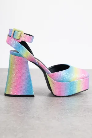 Daisy Street Platform Flared Heeled Shoes in Rainbow Glitter