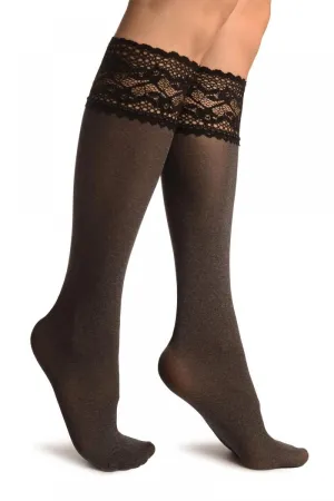 Grey Melange With Floral Silicon Lace Socks Knee High