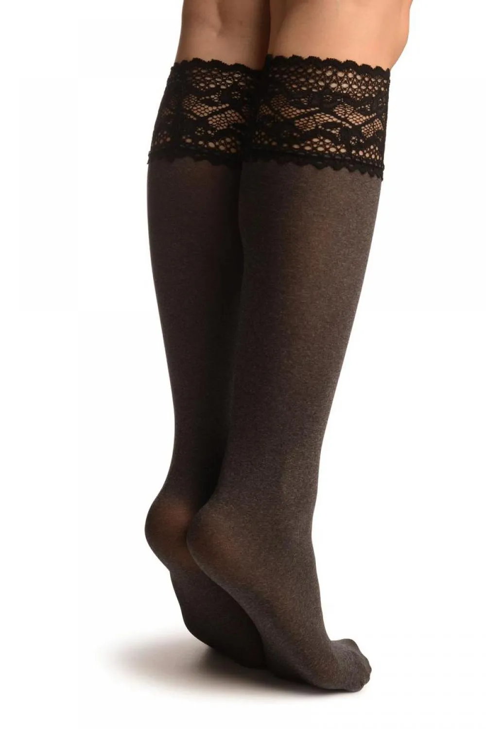 Grey Melange With Floral Silicon Lace Socks Knee High