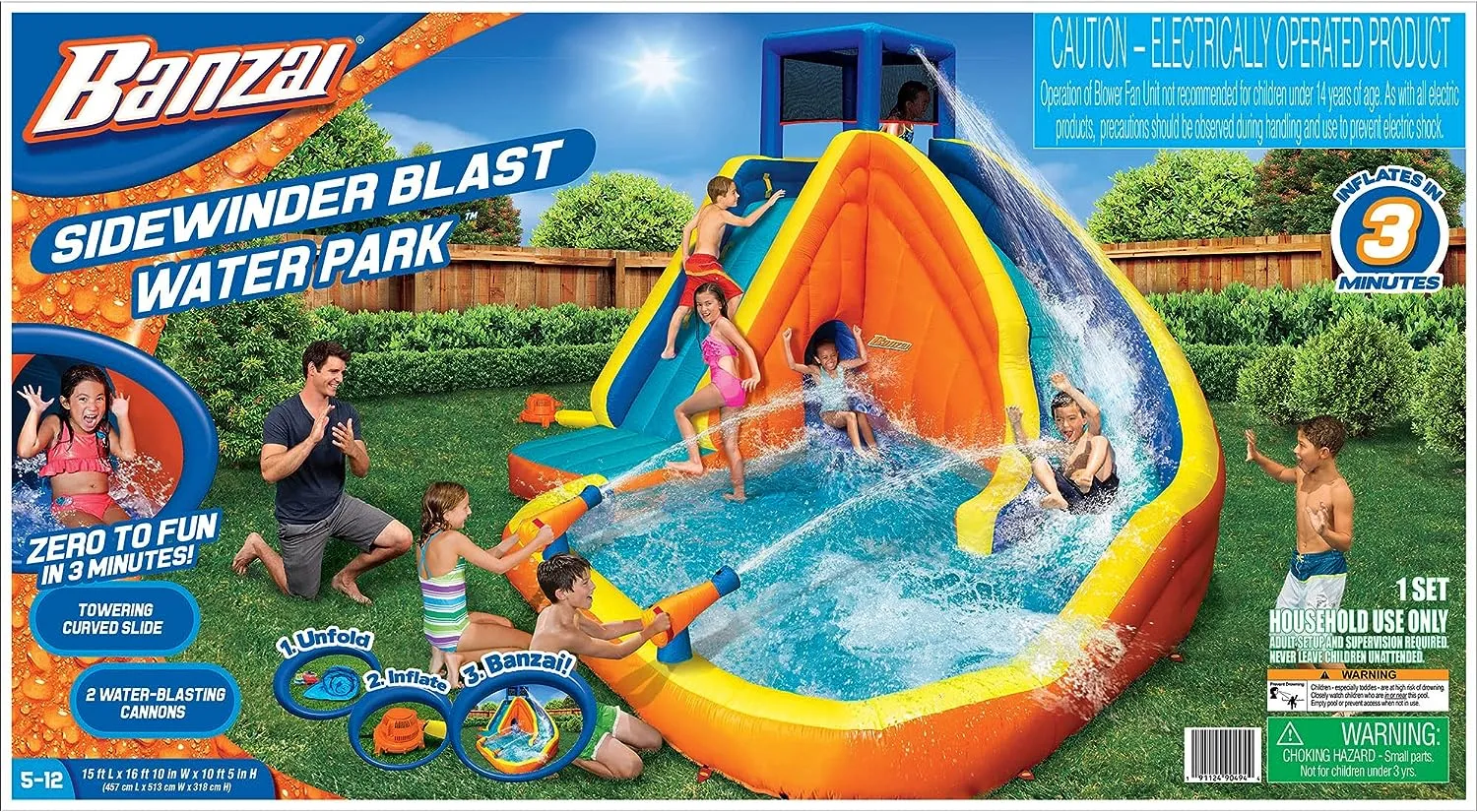 ITEM# 0187   Sidewinder Blast Water Park, Length: 15 ft, Width: 16 ft 10 in, Height: 10 ft 5 in, Inflatable Outdoor Backyard Water Slide Splash Bounce Climbing Toy, Multi (Watch Video)