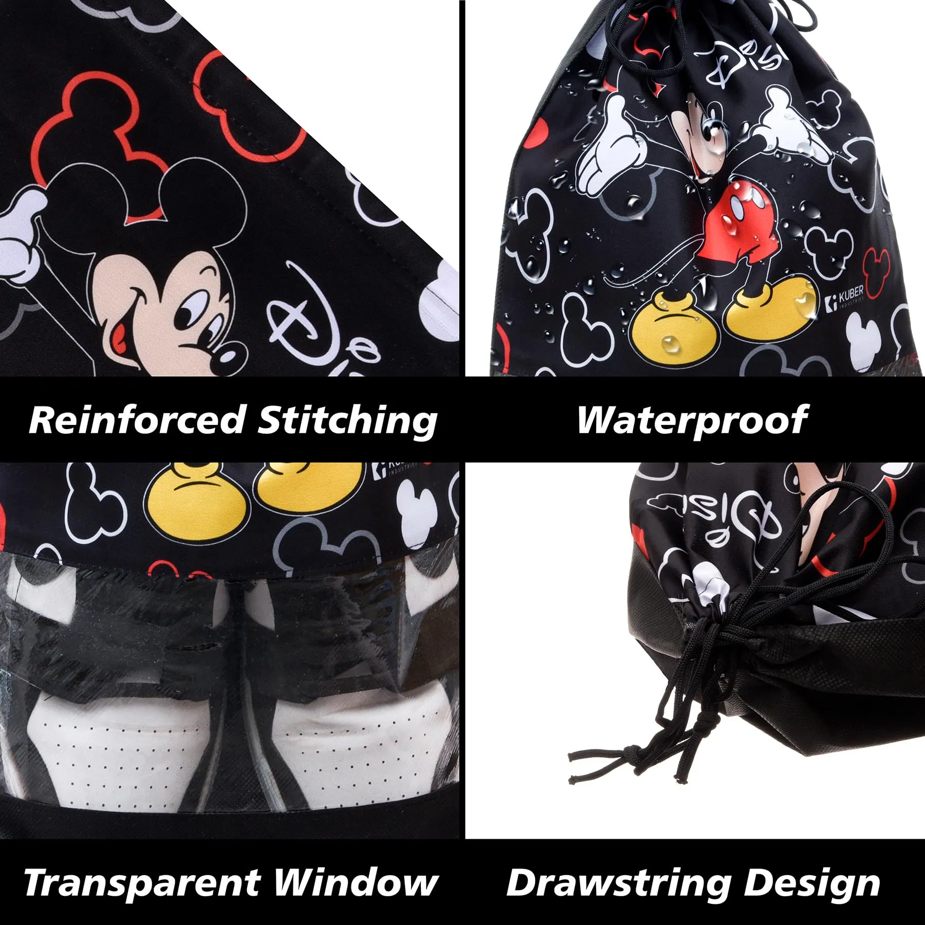 Kuber Industries Disney Mickey Shoe Cover | Travel Shoe Storage Bags | Polyester Storage Bag | Drawstring Shoe Cover | Shoe Organizer with Clear Window | Pack of 6 | Black