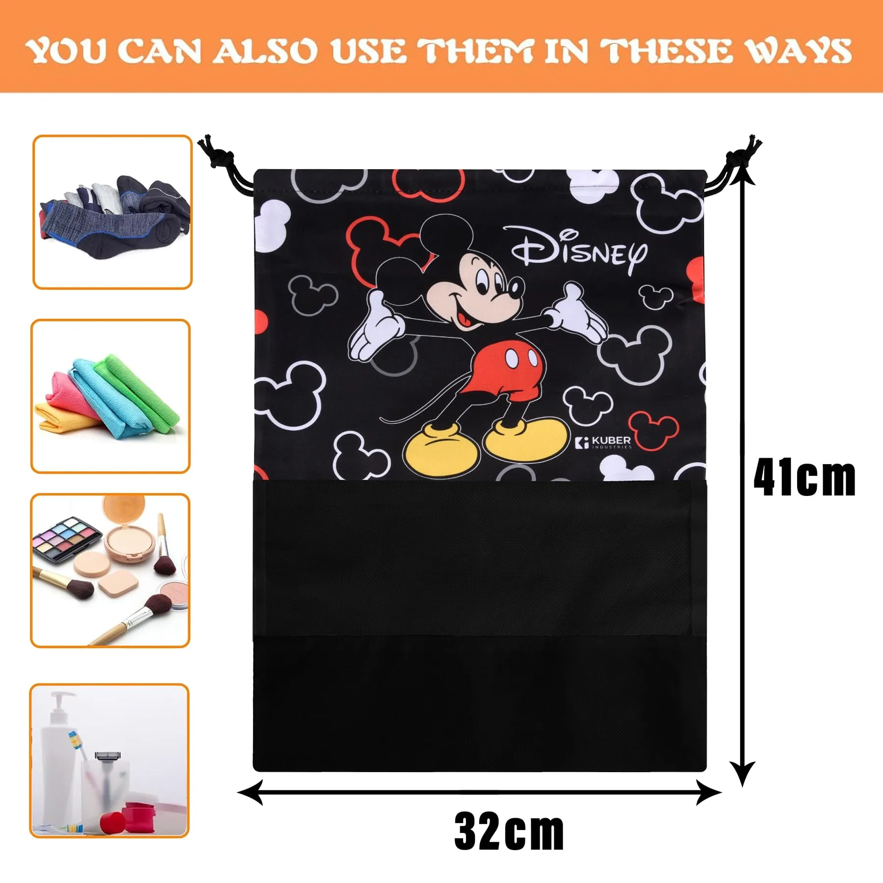 Kuber Industries Disney Mickey Shoe Cover | Travel Shoe Storage Bags | Polyester Storage Bag | Drawstring Shoe Cover | Shoe Organizer with Clear Window | Pack of 6 | Black