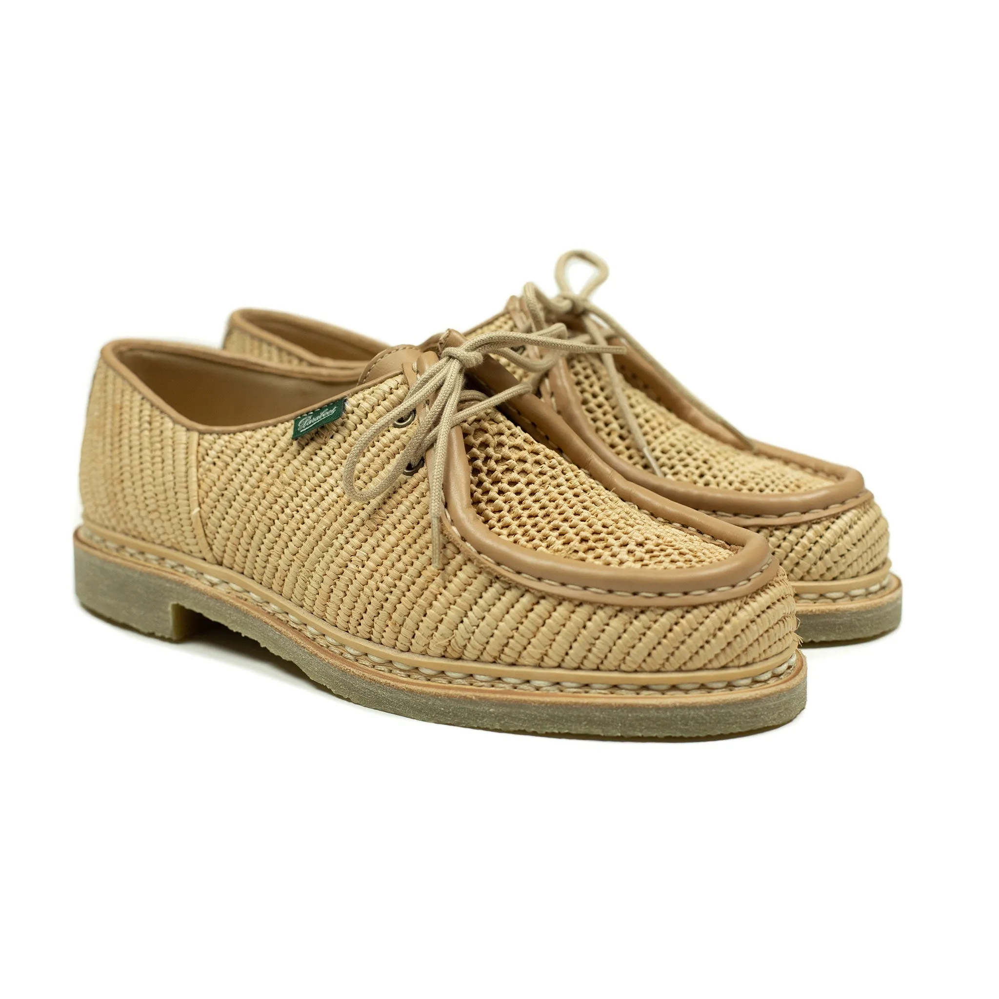 Michael Raphia tyrolean derbies in natural raffia and leather piping