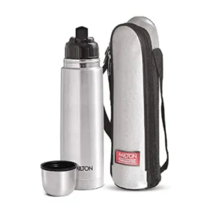 Milton Flip Lid 1000 Thermosteel 24 Hours Hot and Cold Water Bottle with Bag, 1 Litre, Silver