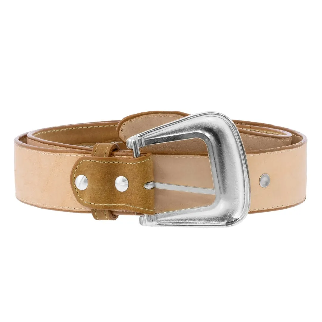 Taupe Western Cowboy Leather Belt Navajo Concho - Silver Buckle