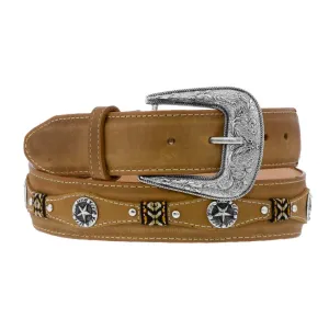 Taupe Western Cowboy Leather Belt Navajo Concho - Silver Buckle