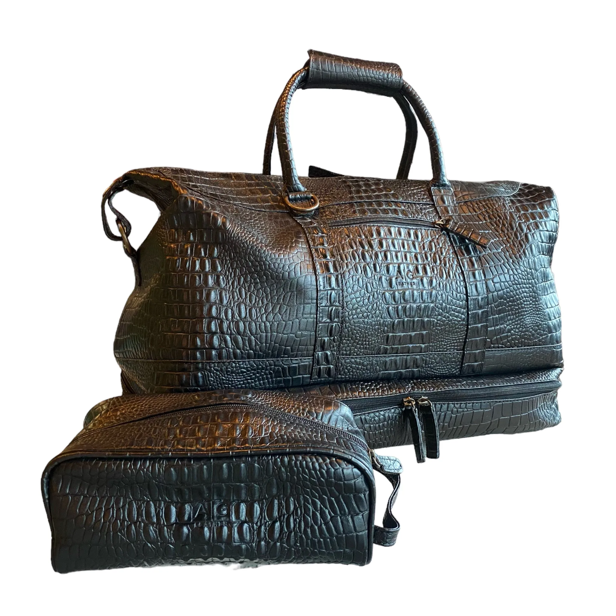 Weekender Bag with shoe compartment in Black color croc embossed Leather - Professional Players Favorite
 - FINAL SALE NO EXCHANGE