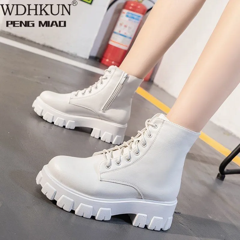 Women Ankle Boots Platform Round Toe 5cm Heel Lace Up and Zip Fashion Shoes for Woman Botas Mujer Plus Size 35-43